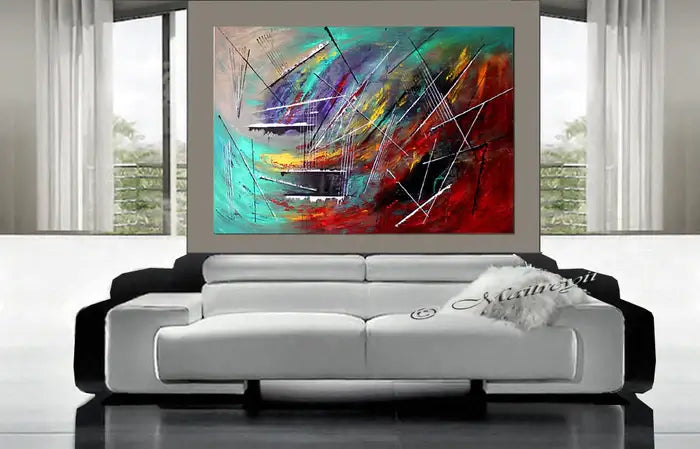 Large Wall Art showcasing a modern abstract painting in a stylish living room setting.