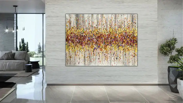 Painting Jackson – Handmade Drip Style Abstract artwork displayed in a modern living room with elegant decor.