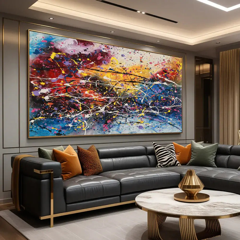 Amazing Abstract Paintings displayed in a modern living room with colorful, textured artwork on the wall.