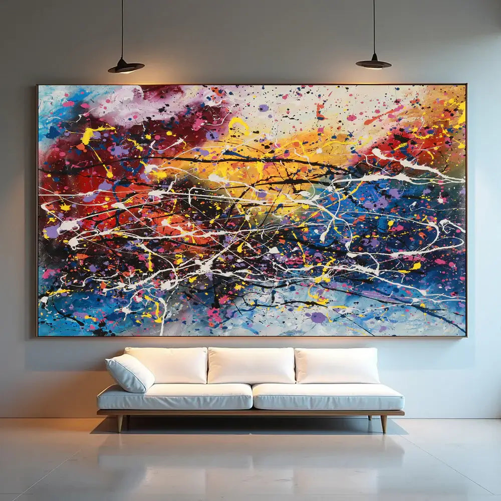 Amazing Abstract Paintings - Large colorful modern wall art displayed above a stylish sofa in a contemporary living room.