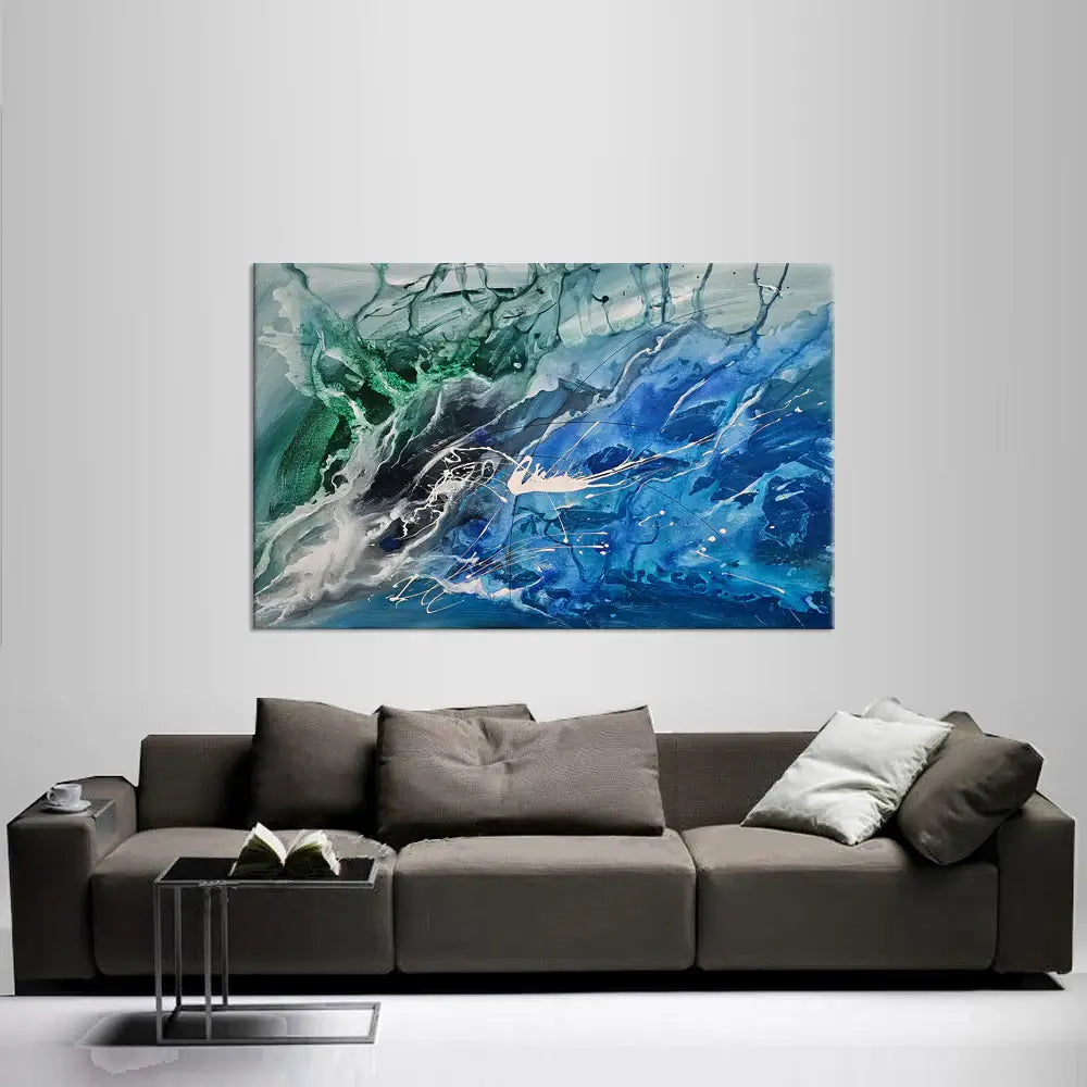 Blue Abstract Painting | Modern Textured Canvas Wall Art - Blue Rhythm, showcasing vibrant colors on a living room wall.