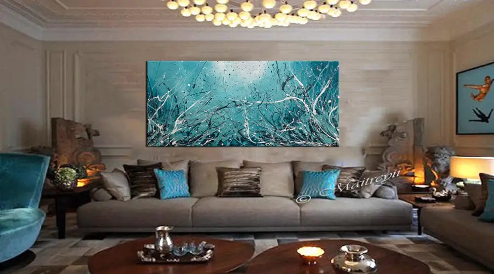 Abstract Teal Painting displayed in a modern living room, featuring teal tones and abstract design for elegant decor.