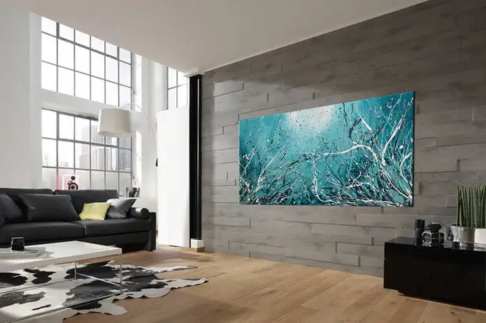 Abstract Teal Painting displayed in a modern living room, showcasing calm teal tones and stylish abstract design.
