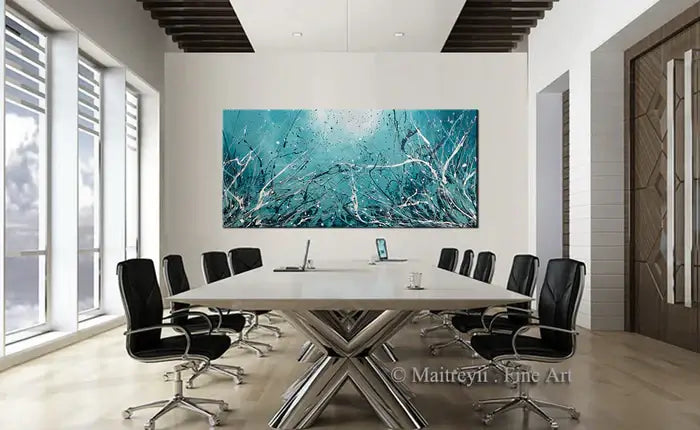 Abstract Teal Painting displayed in a modern conference room, enhancing the elegant decor with calming teal tones.