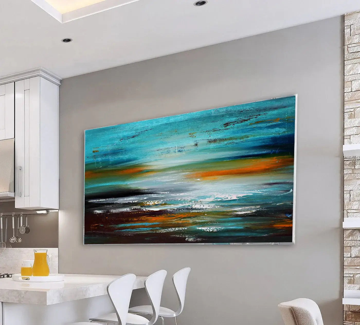Seascape Ocean Art Oil Painting on Canvas displayed in modern kitchen interior, featuring vibrant blue and orange hues.