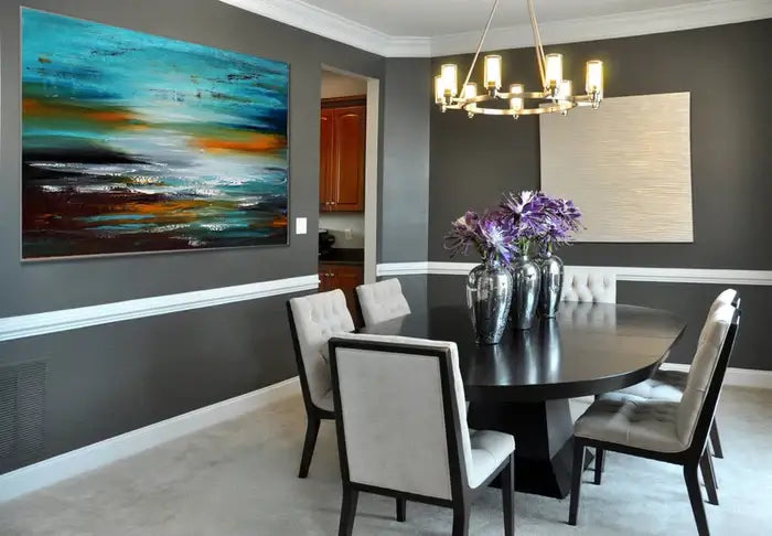 Seascape Ocean Art Oil Painting displayed in modern dining room, featuring vibrant colors and serene coastal beauty.