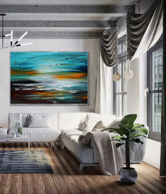 Seascape Ocean Art Oil Painting displayed in a modern living room, showcasing vibrant colors and coastal beauty.