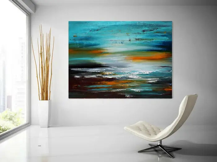 Seascape Ocean Art Oil Painting on Canvas Wall Art - Ocean Journey 16 in modern living room setting.