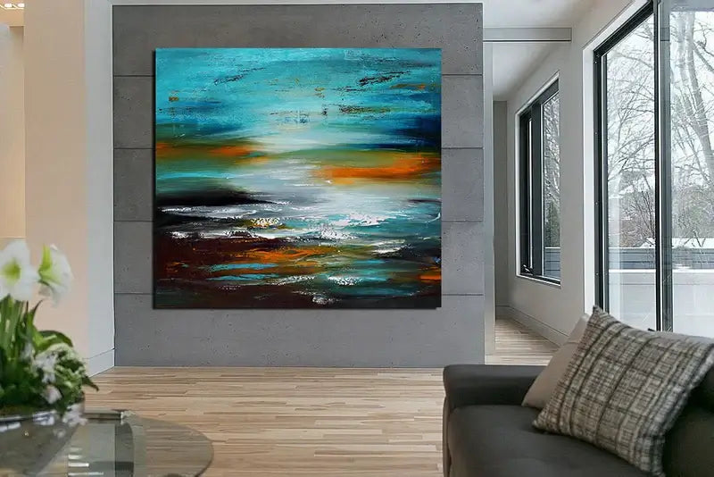 Seascape Ocean Art Oil Painting on Canvas Wall Art - Ocean Journey 16 displayed in a modern living room setting.