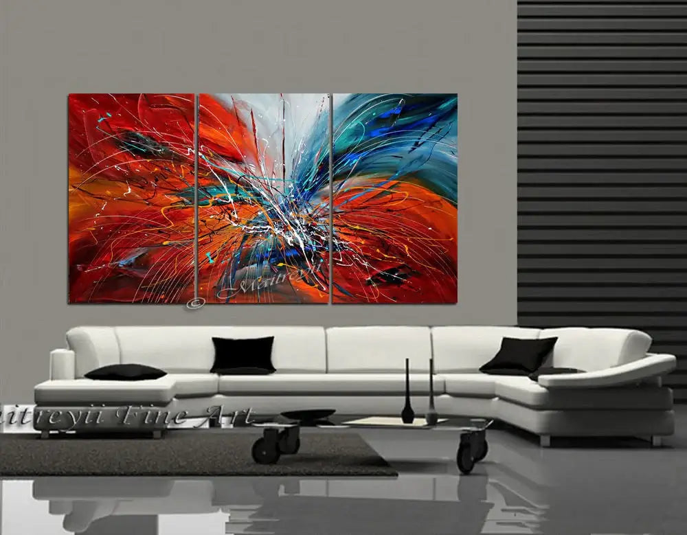 Action Painting - Abstract Drip Art on canvas in a modern living room setting, showcasing vibrant colors and dynamic motion.