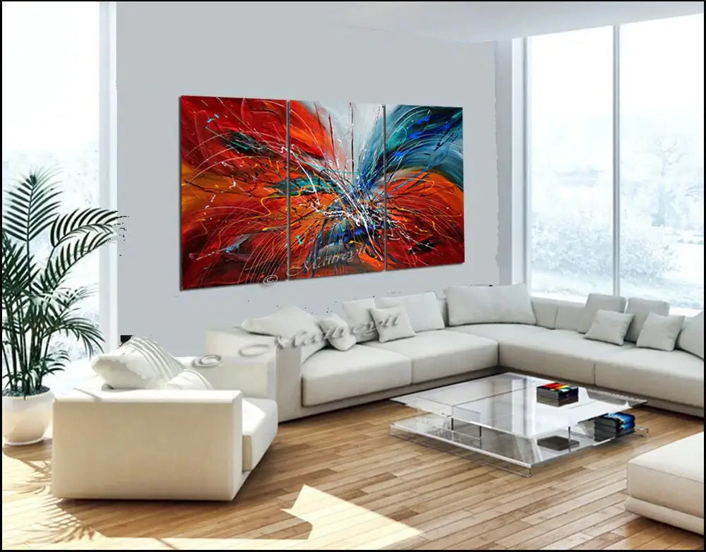 Action Painting showcased in modern living room decor with bold colors and dynamic design.