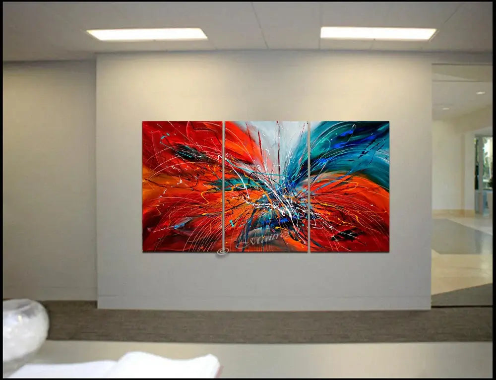 Action Painting on canvas in a modern interior, showcasing bold colors and dynamic abstract design.
