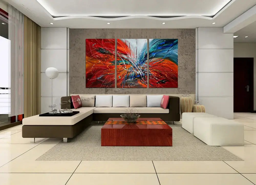 Action Painting displayed in a modern living room, showcasing vibrant colors and dynamic abstract design.