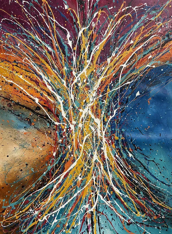 Vintage Beauty 163 – close-up of Jackson Pollock style drip painting showing layered paint technique by Maitreyii Kumari