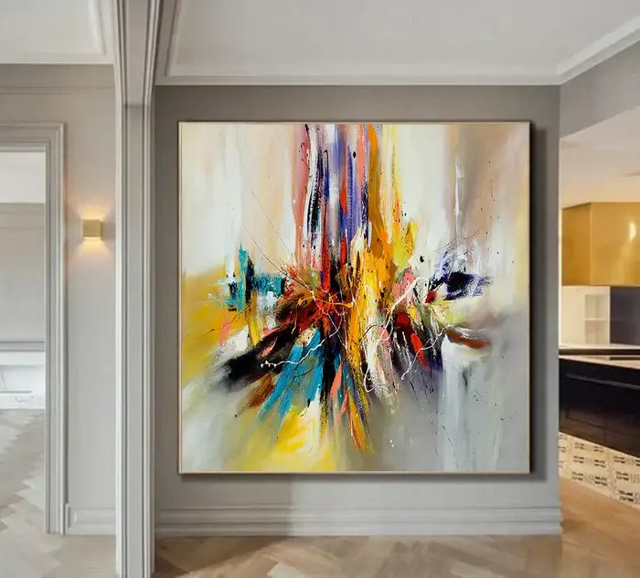 Modern abstract wall art in a stylish living space, showcasing vibrant colors and dynamic shapes to enhance decor.