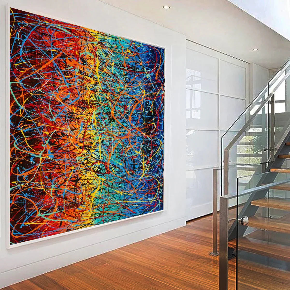 Colorful abstract mural embodying Jackson Pollock style art in modern interior design.