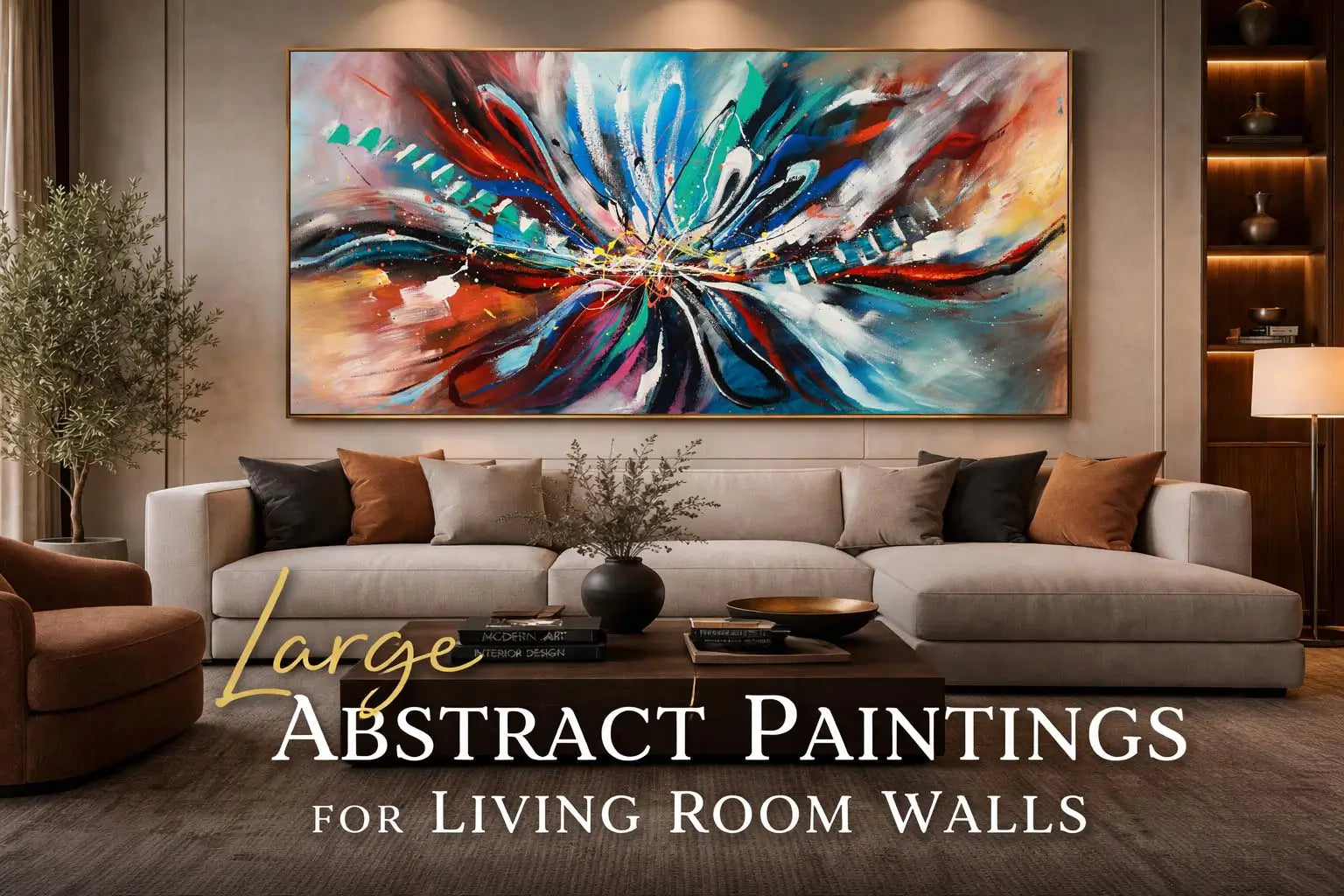 Large abstract paintings for living room walls in luxury modern home interior