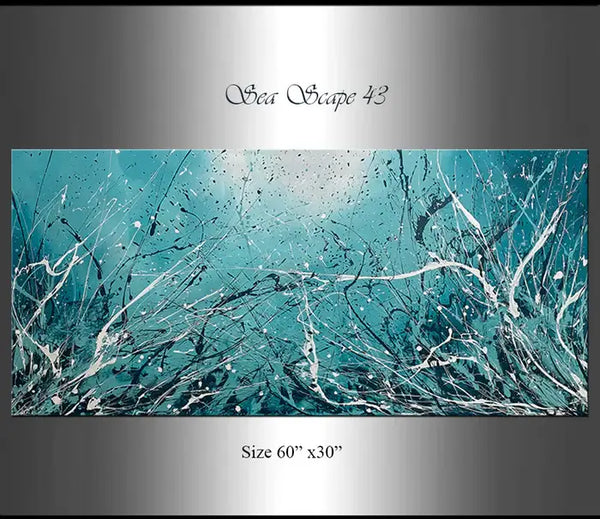 Abstract teal painting titled Sea Scape 43 with dynamic splashes and soothing colors for elegant decor.