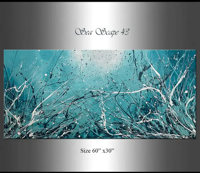 Abstract teal painting titled Sea Scape 43 with dynamic splashes and soothing colors for elegant decor.