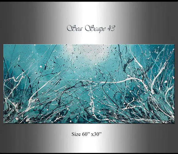 Abstract teal painting titled Sea Scape 43 with dynamic splashes and soothing colors for elegant decor.