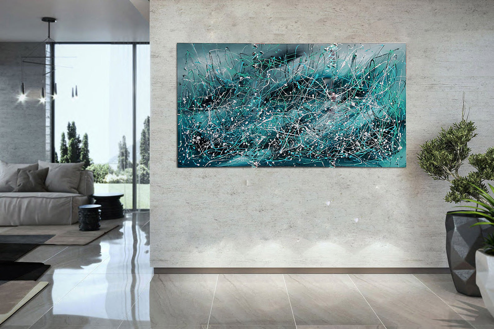 Jackson Pollock Style large Wall Art showcasing Oceanic Reflections in a modern living room setting.