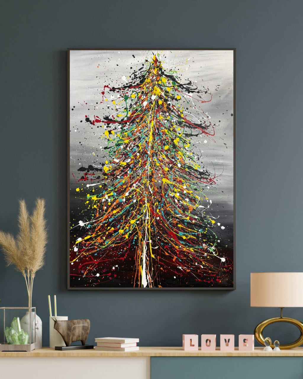 Large modern wall art depicting a Christmas Tree Painting for living room decor.