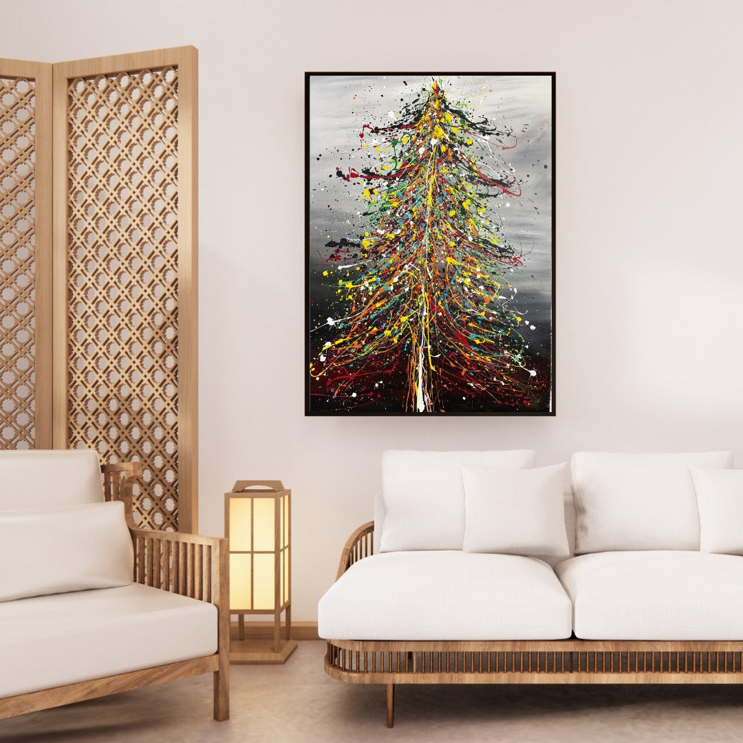 Large modern wall art featuring a vibrant Christmas Tree Painting in a stylish living room.