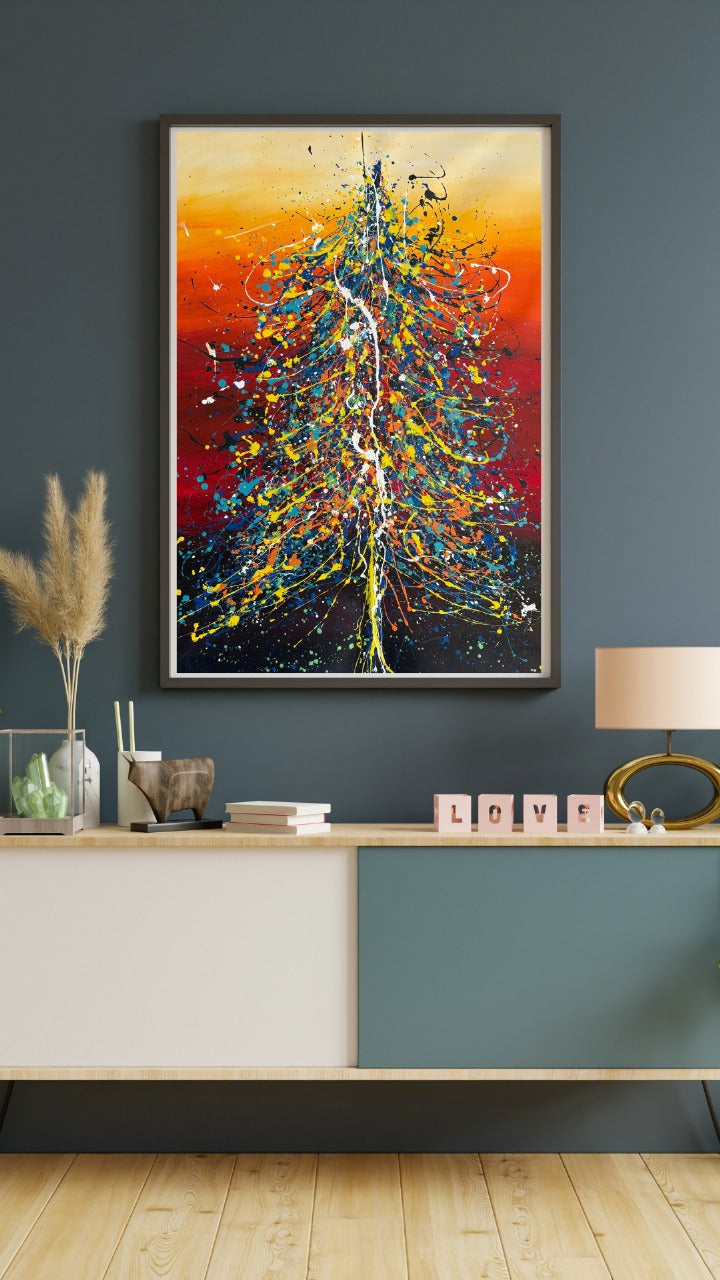 Colorful Christmas Tree Art displayed in modern living room decor, showcasing hand-painted festive design.