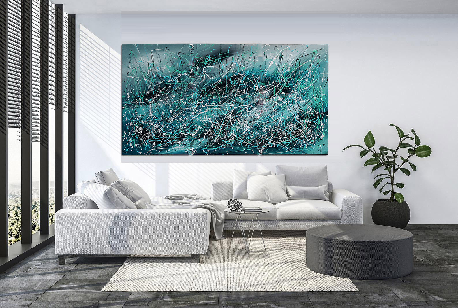 Jackson Pollock Style large Wall Art – Oceanic reflections displayed in a modern living room with natural light.