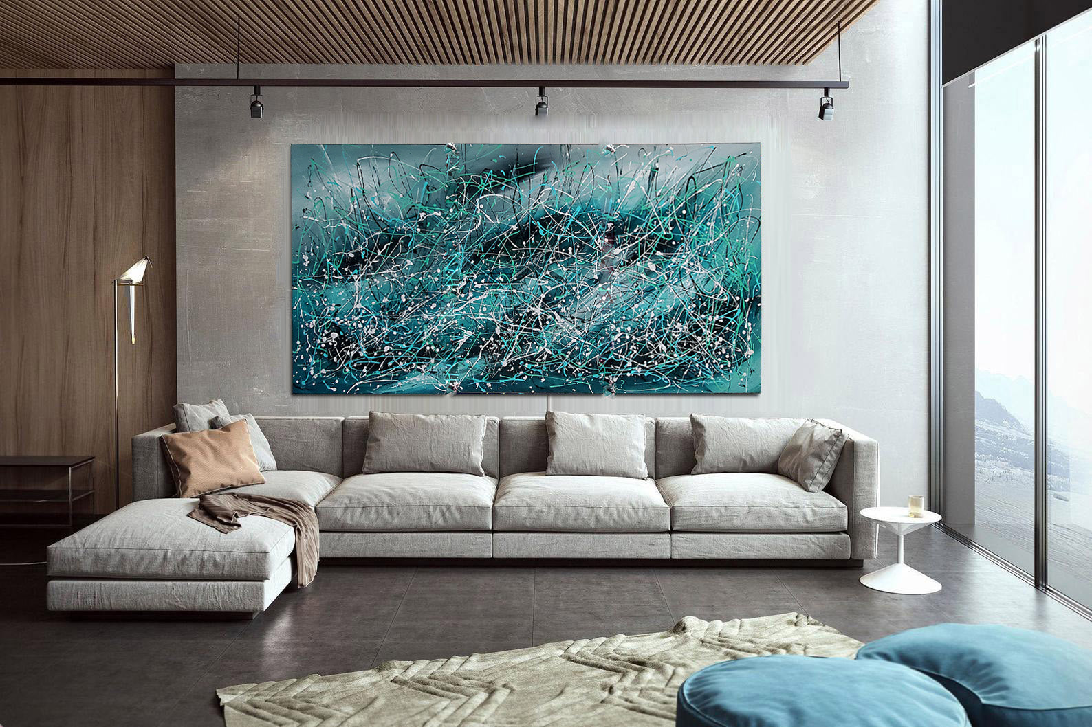 Jackson Pollock Style large Wall Art – Oceanic reflections displayed in a modern living room setting.