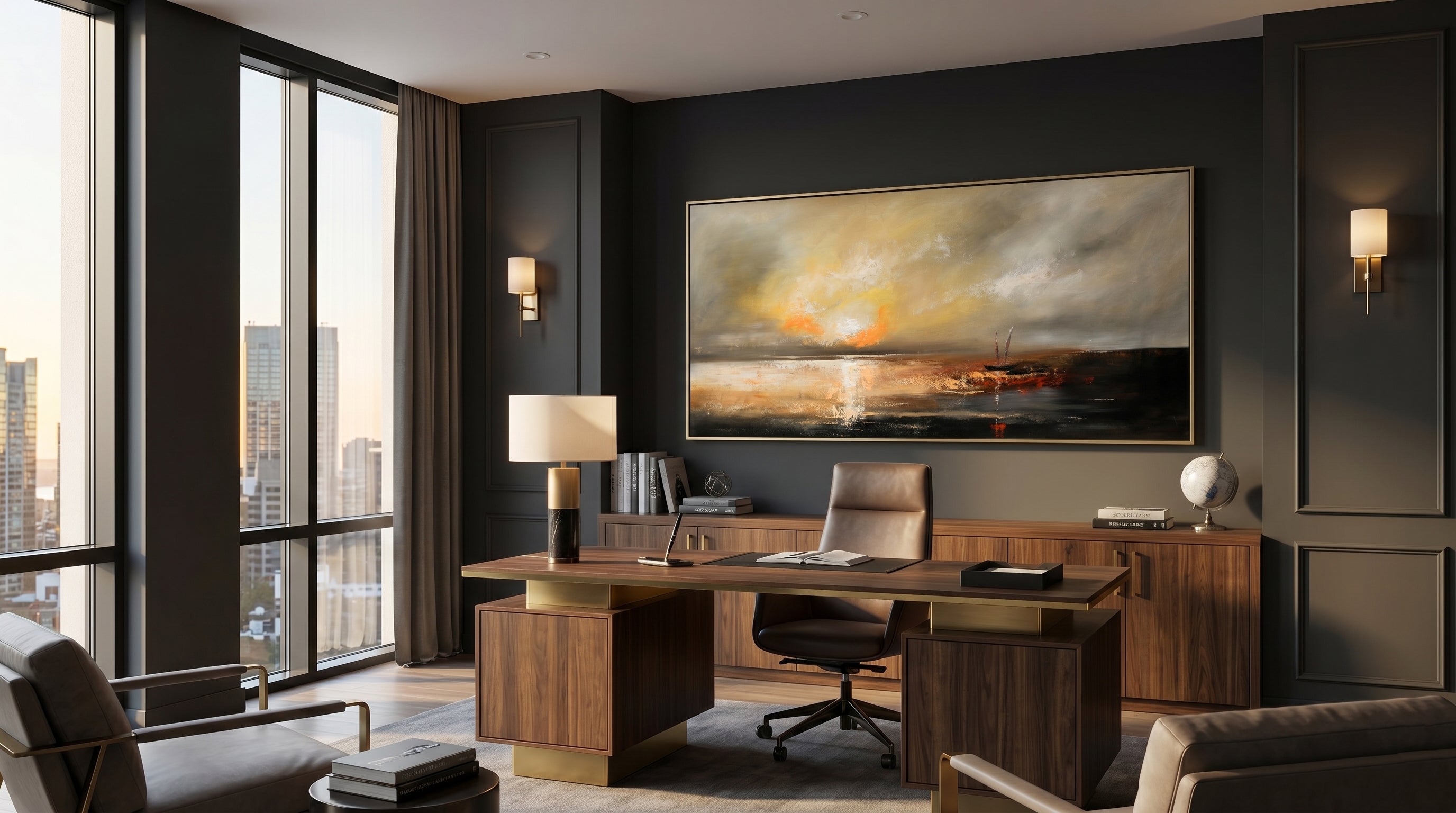 Modern office with large desk, chairs, and wall art in a high-rise building.