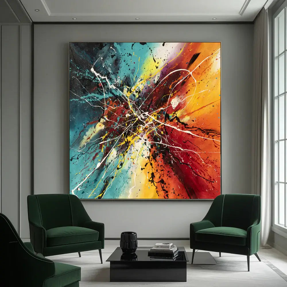 Hand-painted abstract artwork displayed in modern living room with green chairs and vibrant colors.