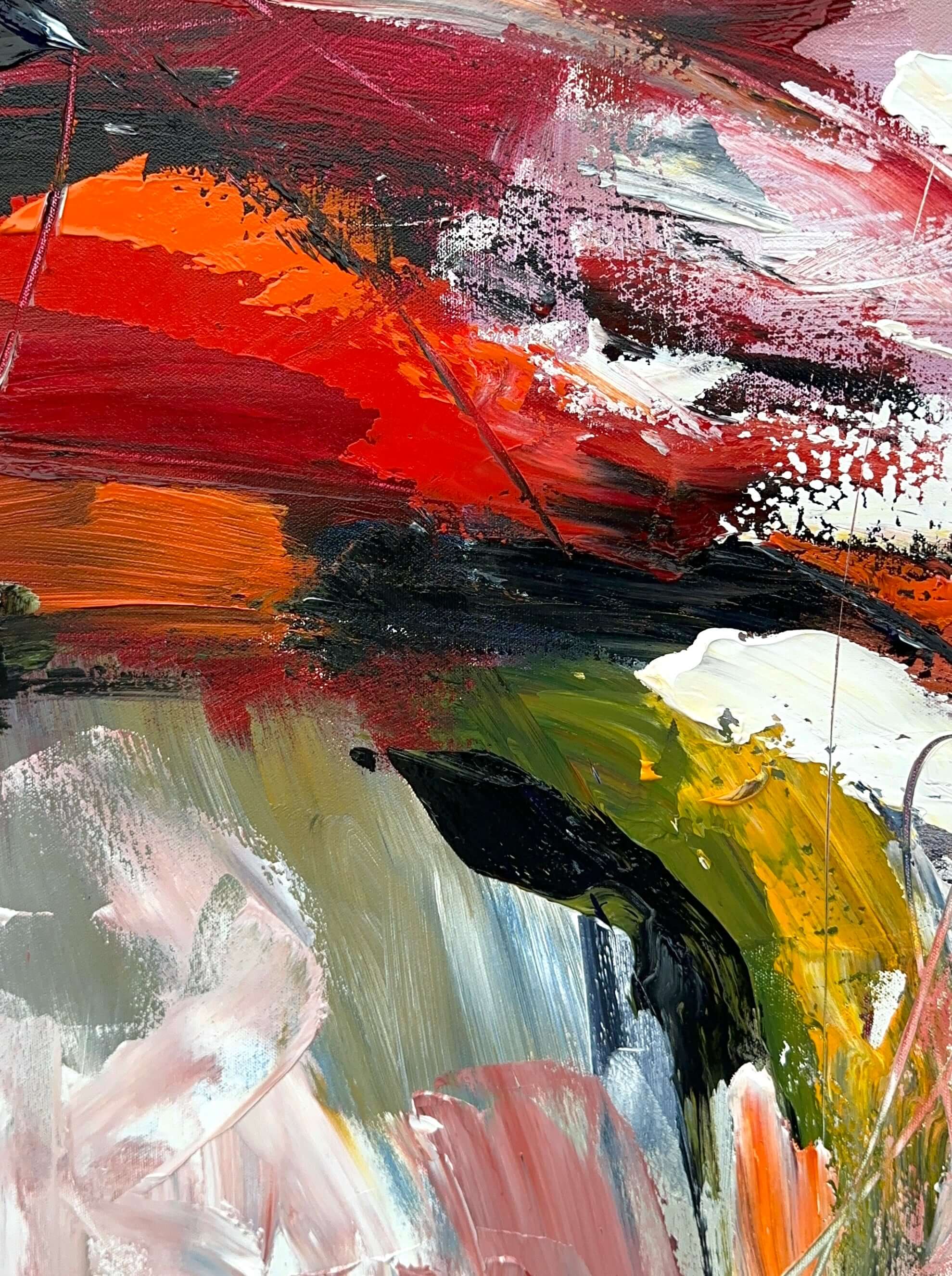 Close-up of abstract painting with red, gold, and white textures
