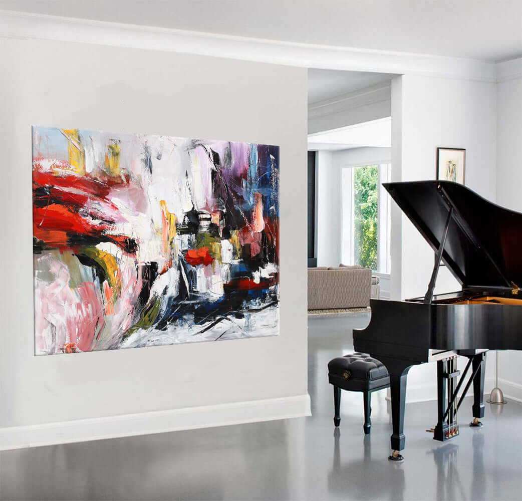 Hand-painted modern abstract art with bold red and black brushstrokes