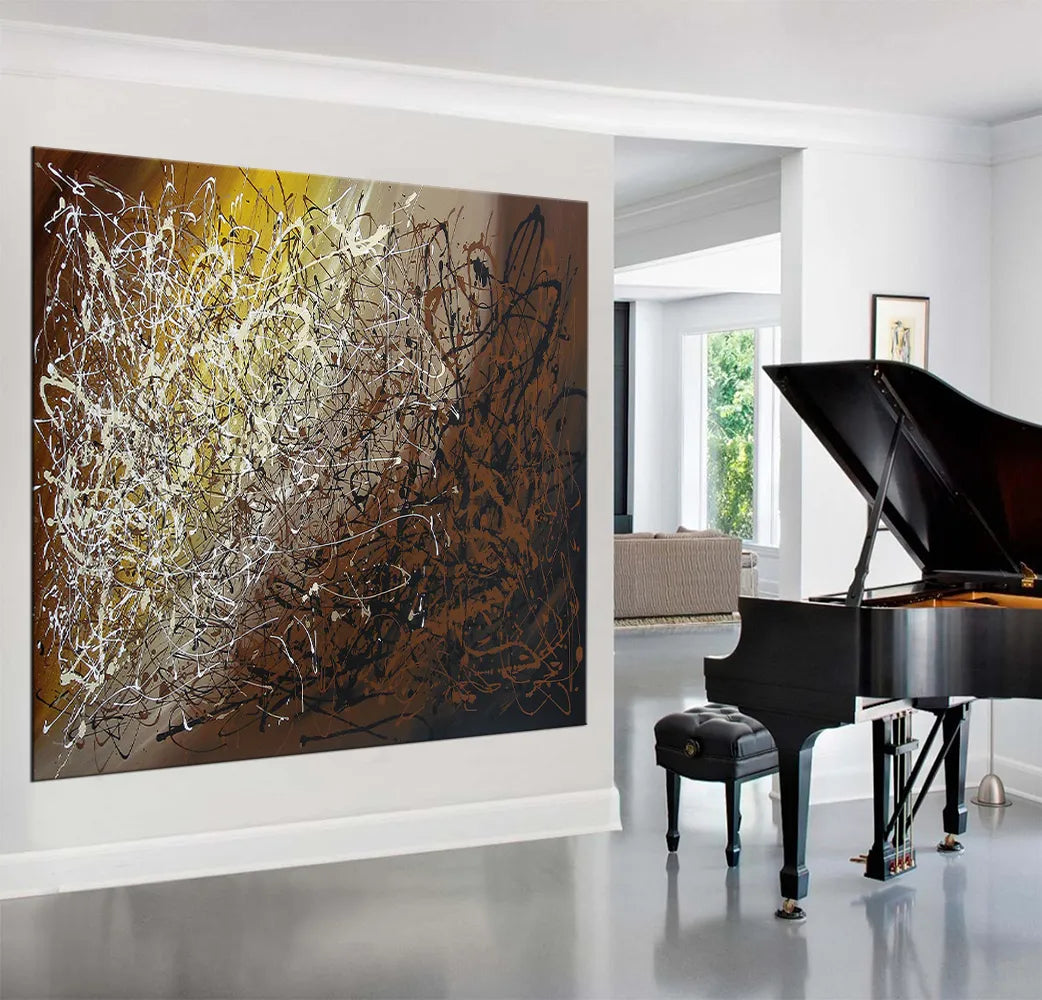 Jackson Pollock style art displayed in a modern living room beside a grand piano, showcasing abstract drip painting.