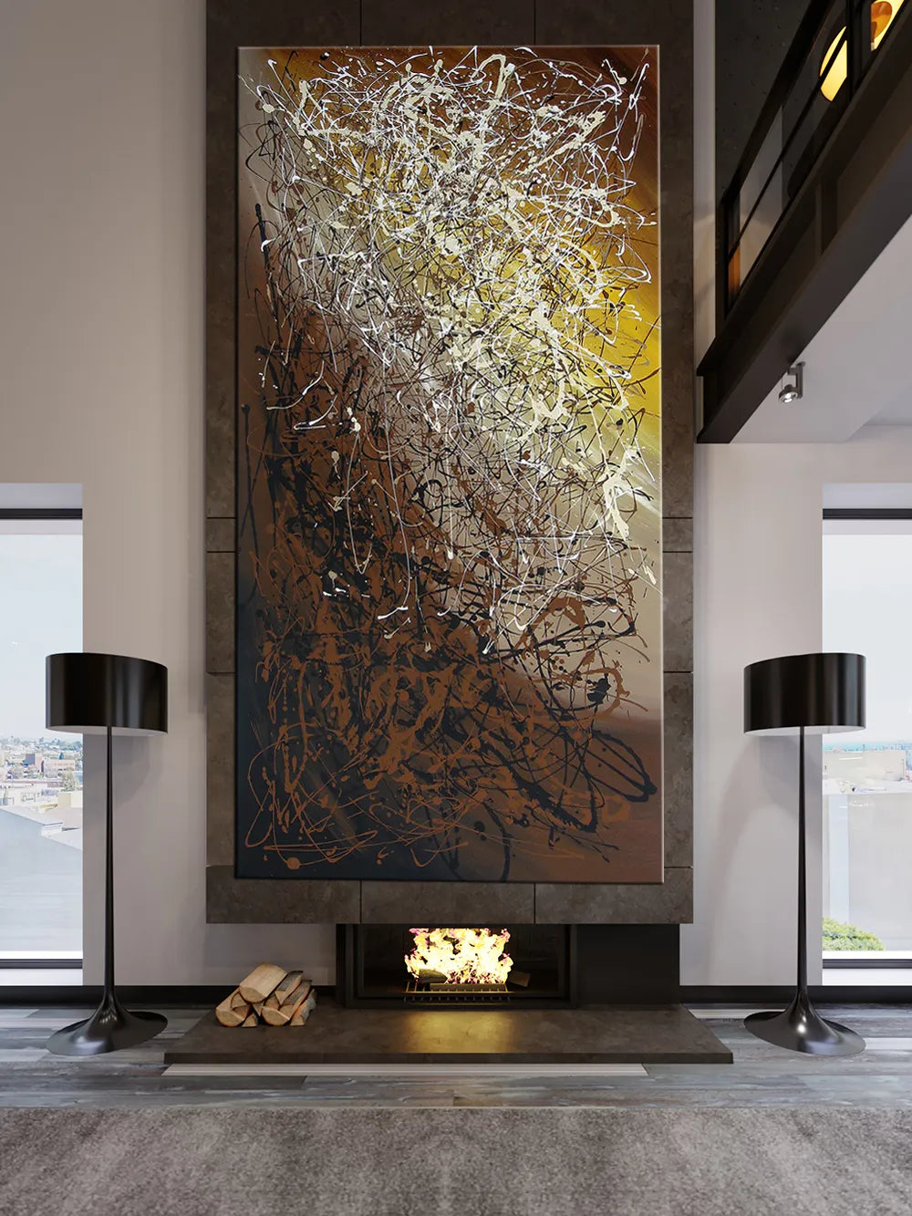 Jackson Pollock style art displayed above a modern fireplace, showcasing abstract drip patterns and vibrant colors.