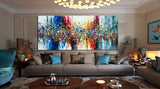 Beauty of Bridge 6 displayed in a luxury modern living room – oversized Jackson Pollock style wall art in interior setting
