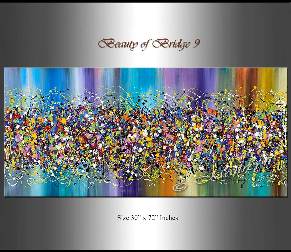 Alt Tag: Large Pollock Style Abstract Art "Beauty of Bridge 9" colorful drip painting on canvas, 30 x 72 inches