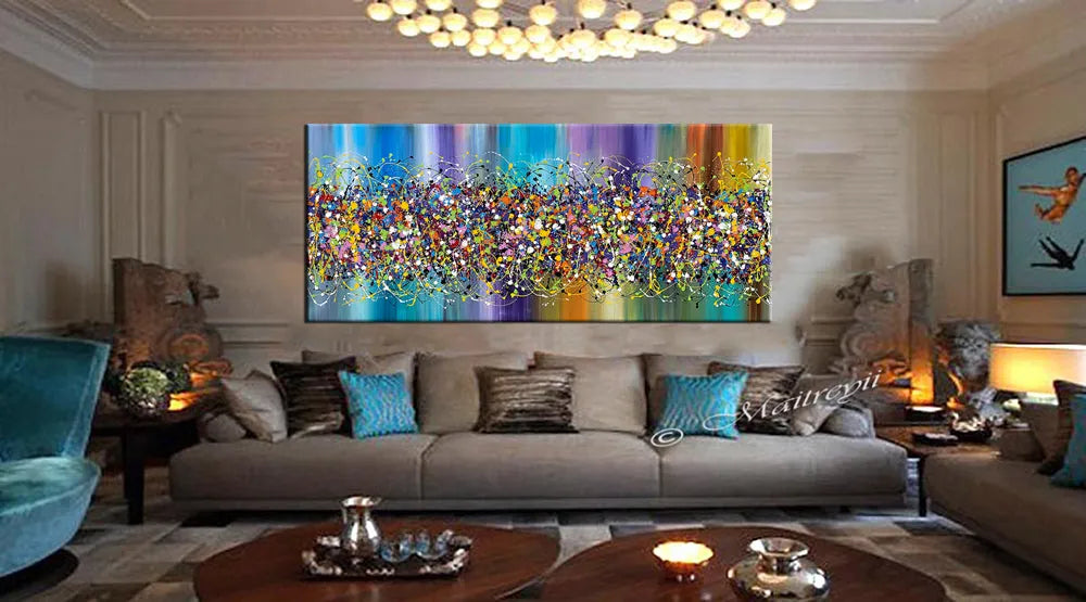 Large Pollock Style Abstract Art "Beauty of Bridge 9" oversized drip painting on canvas above modern living room sofa