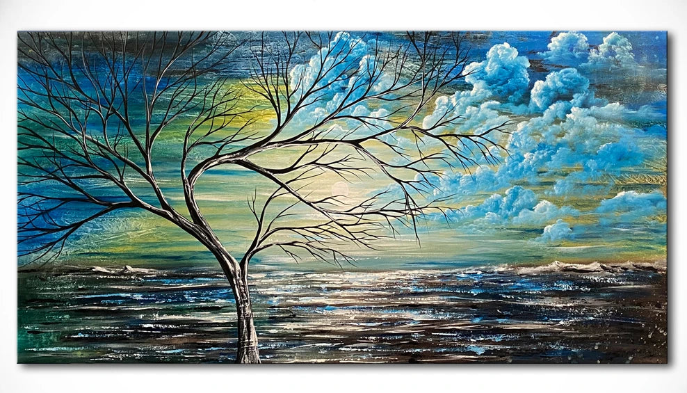 Christmas Beautiful Tree painting featuring an elegant blue abstract seascape and a leafless tree against a colorful sky.