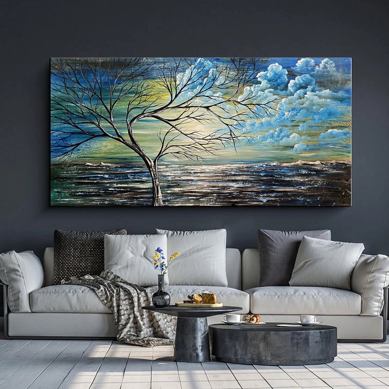 Christmas Beautiful Tree painting in modern living room, elegant art decor with blue abstract seascape.