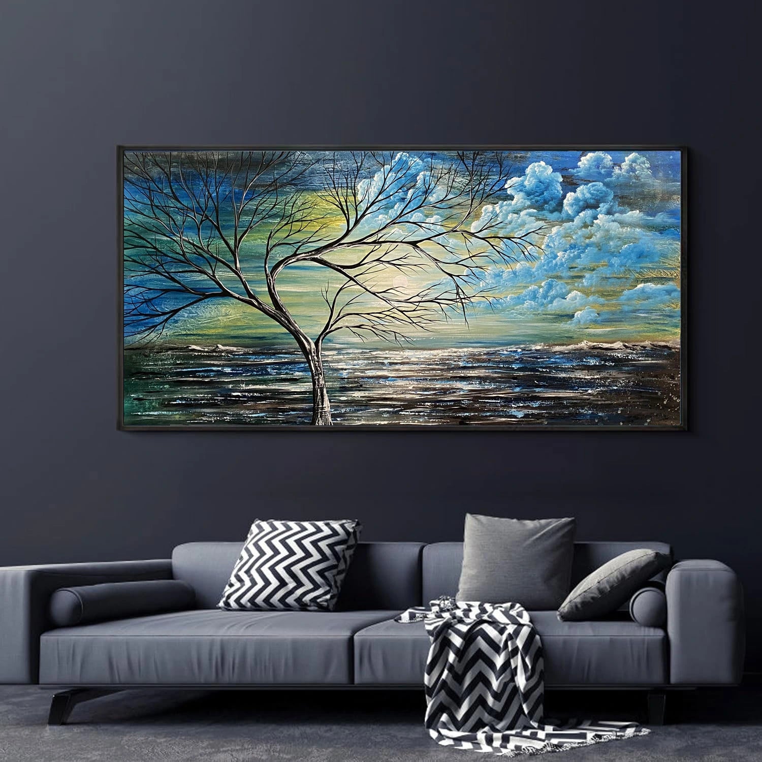 Christmas Beautiful Tree – Elegant Art & Décor featuring a blue abstract seascape painting in a modern living room.
