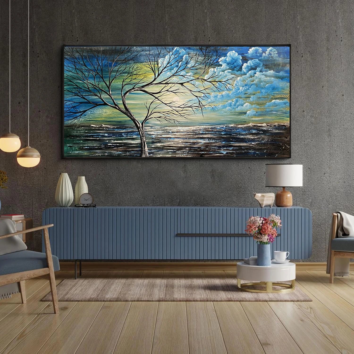 Christmas Beautiful Tree painting displayed in a modern living room setting, enhancing holiday elegance and charm.