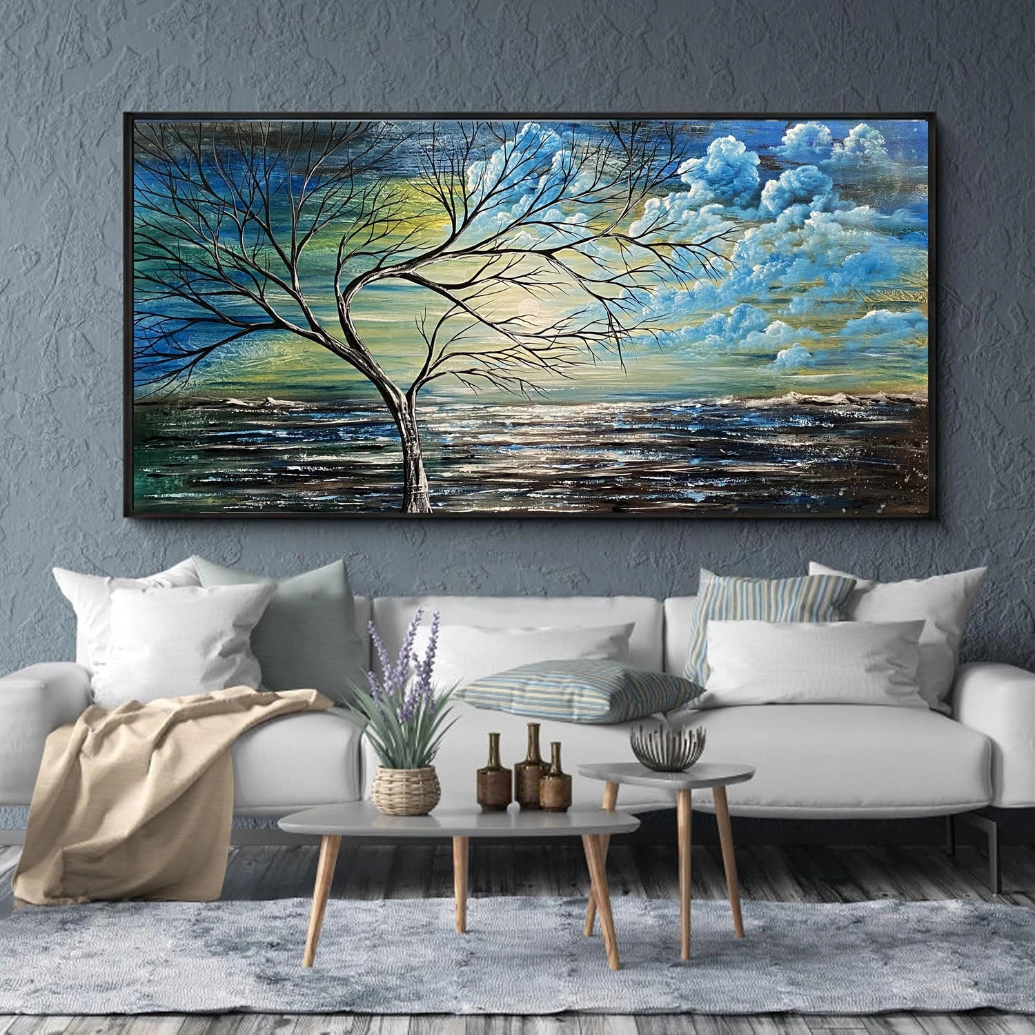 Christmas Beautiful Tree painting displayed in a modern living room, featuring elegant art and blue abstract seascape.