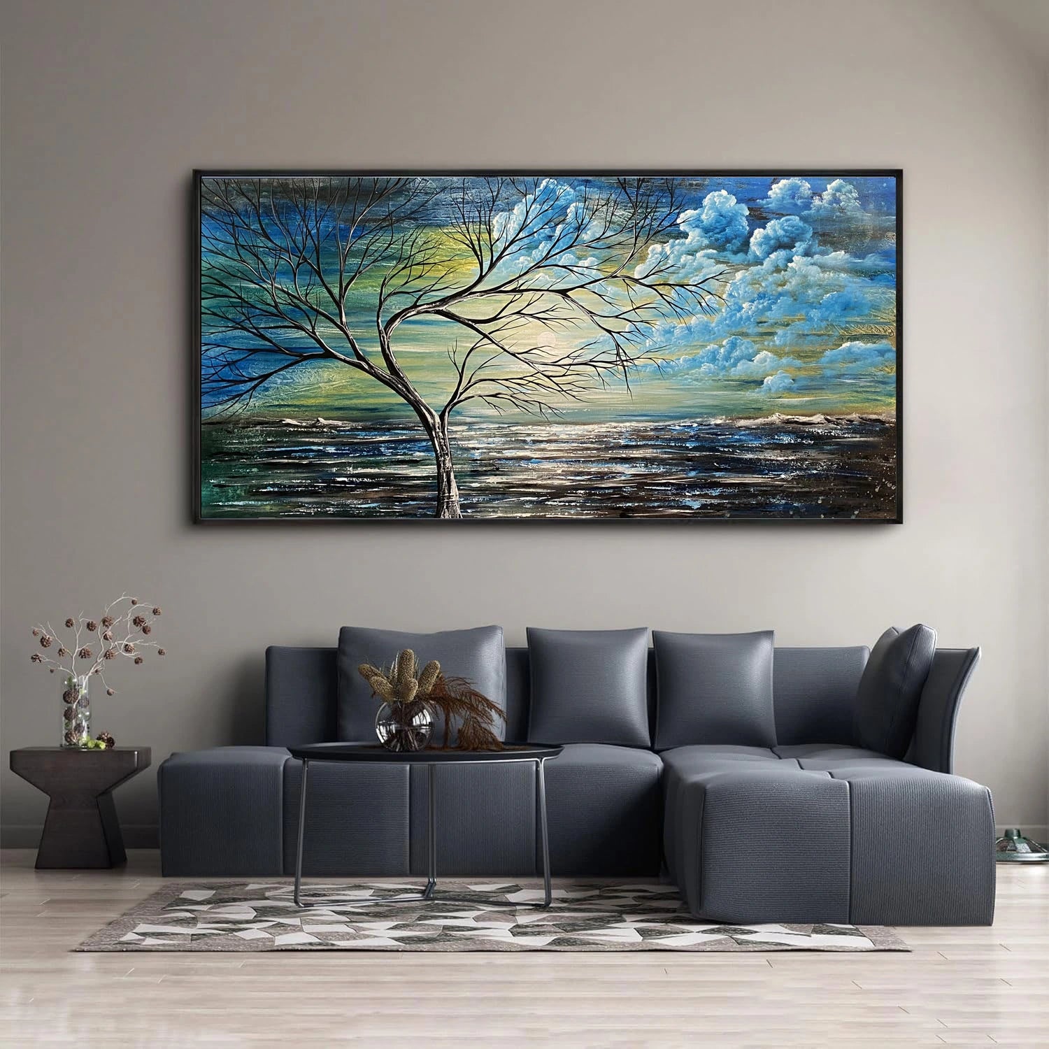 Christmas Beautiful Tree painting displayed in a modern living room, elegant wall art adding charm to home décor.