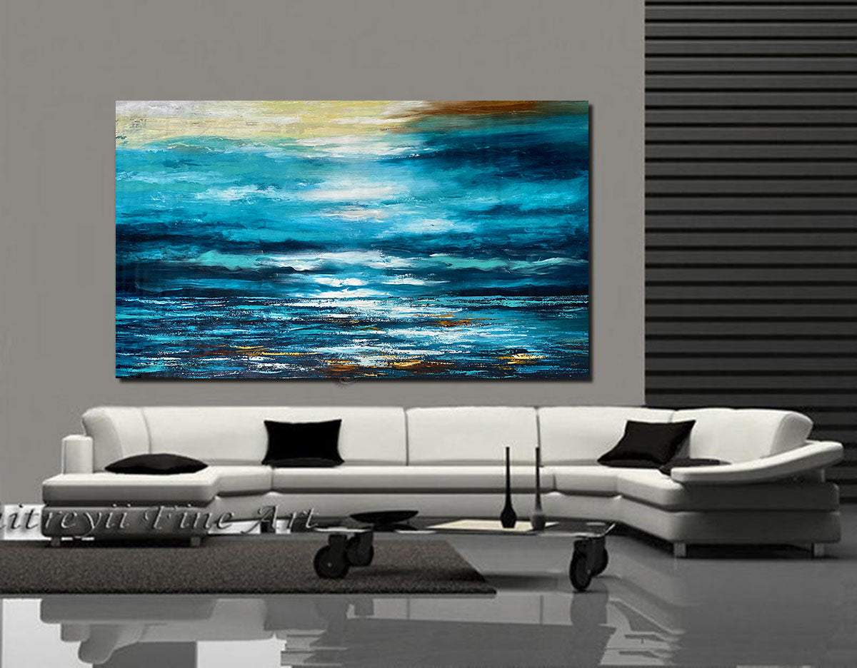Blue Abstract Wall Art displayed in a modern living room with a stylish couch and contemporary decor.