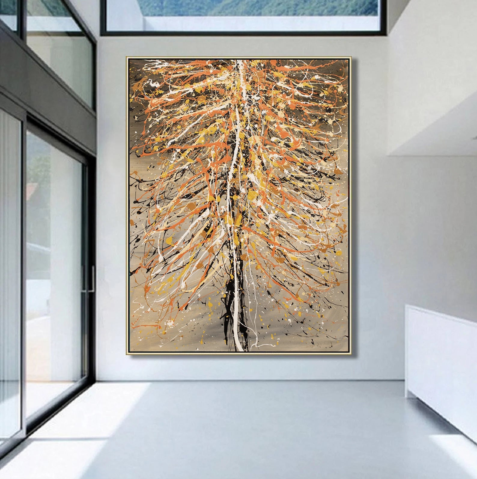 Christmas Tree Painting in modern home interior with textured brushstrokes and vibrant colors by Maitreyii.