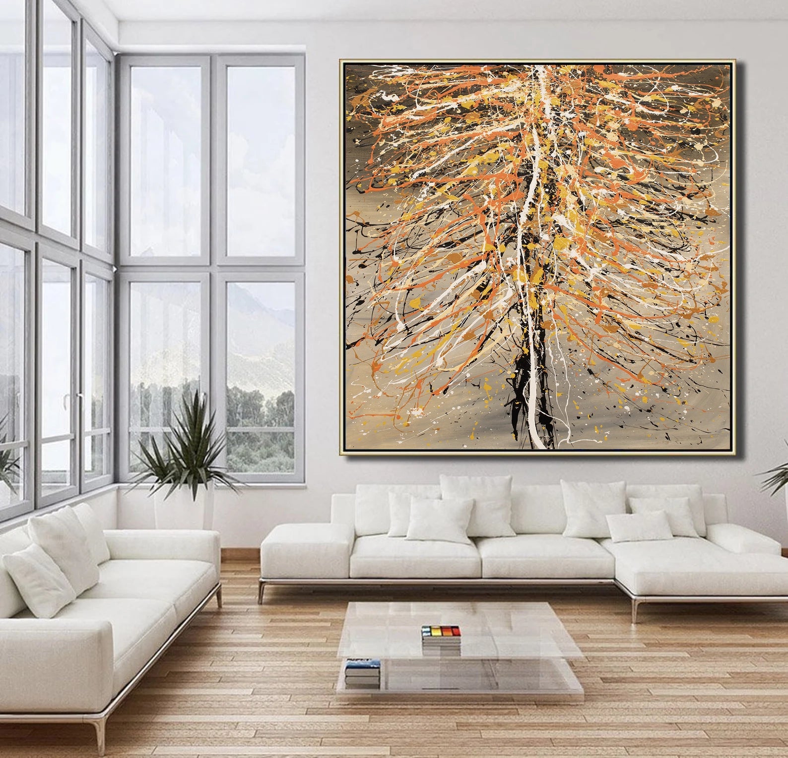 Christmas Tree Painting in modern living room with large windows and contemporary furniture.