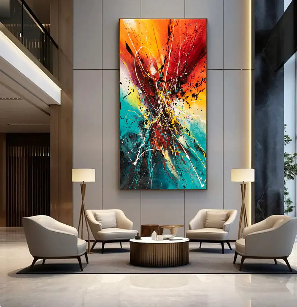 Hand-painted abstract artwork displayed in a modern living room, featuring bold colors and dynamic textures.