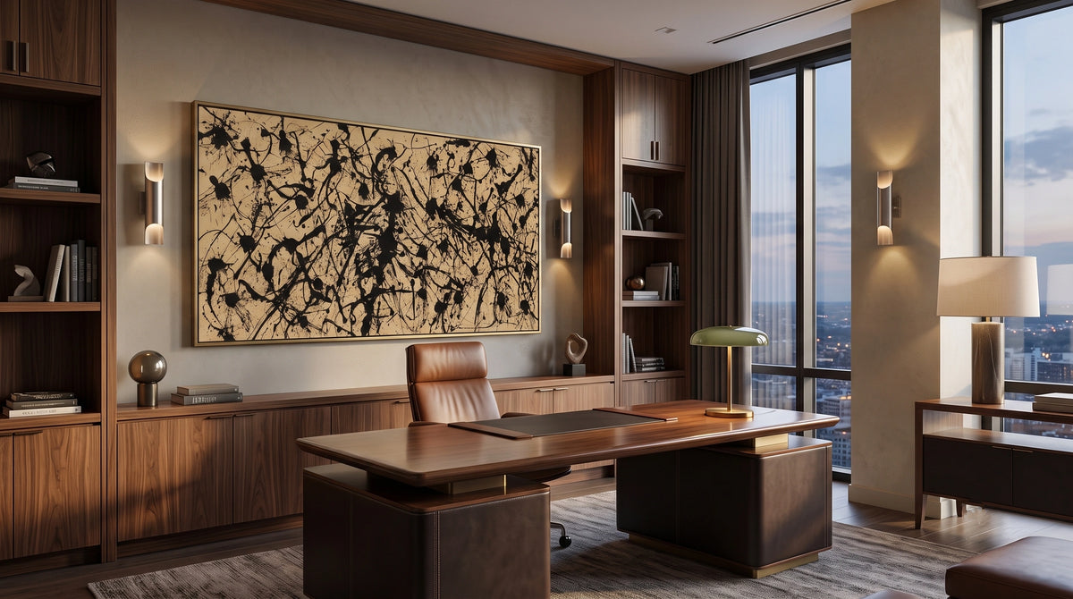 Large Jackson Pollock style abstract wall art in modern living room